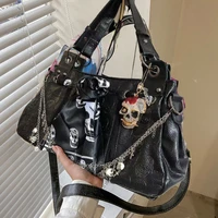 xiuya y2k party handbags for women trendyol skull decoration gothic large bag pu leather 2022 new moto biker style shoulder bag