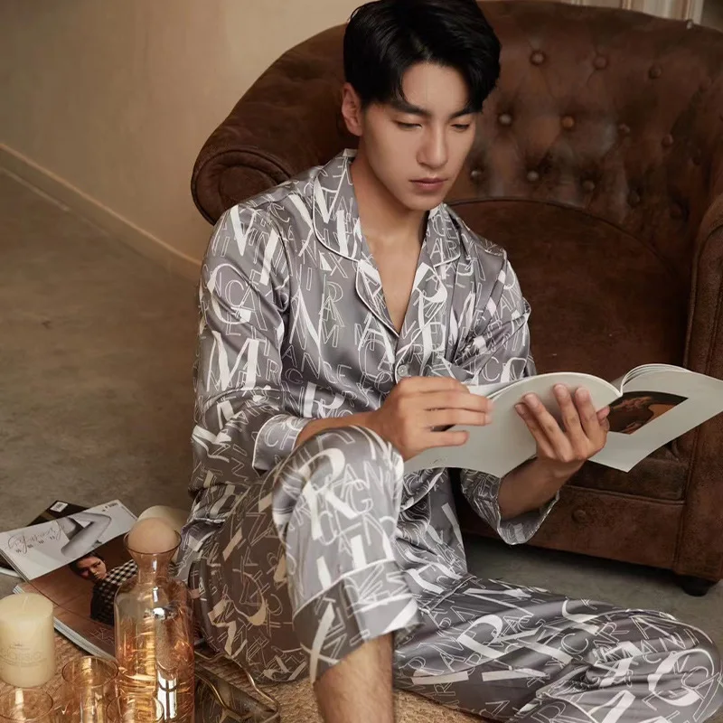 

QSROCIO Мужская мода как шелк Домашняя одежда для сна пижамы домашний комплект высокого качества Роскошная ночная рубашка с принтом мужской Ка...