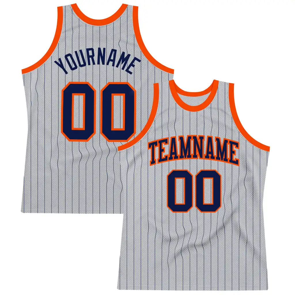 

Custom Gray Navy Pinstripe Navy-Orange Authentic Basketball Team Shirts Designs