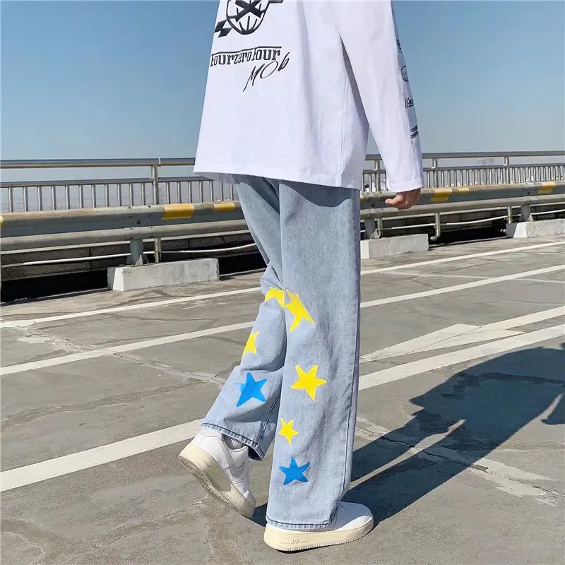 2022 New Fashion Star Print Straight Baggy Men Jeans Trousers Y2K Hip Hop Loose Korean Casual Denim Pants Luxury Pantalon Homme