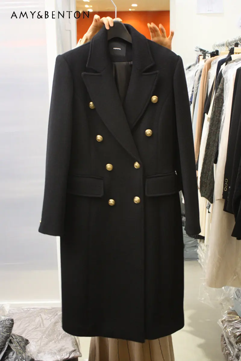 

Elegant Black Hepburn Style Woolen Coat Women's Mid-Length Autumn and Winter New Long Sleeve Loose British Style Woolen Coat