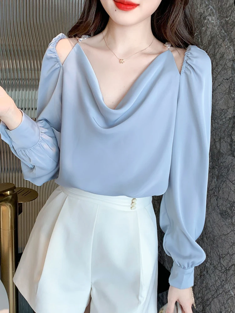 

Long Sleeve Blouse Women Blusas Mujer De Moda 2022 Beading V-Neck White Chiffon Blouse Shirt Women Tops Blouses Shirts