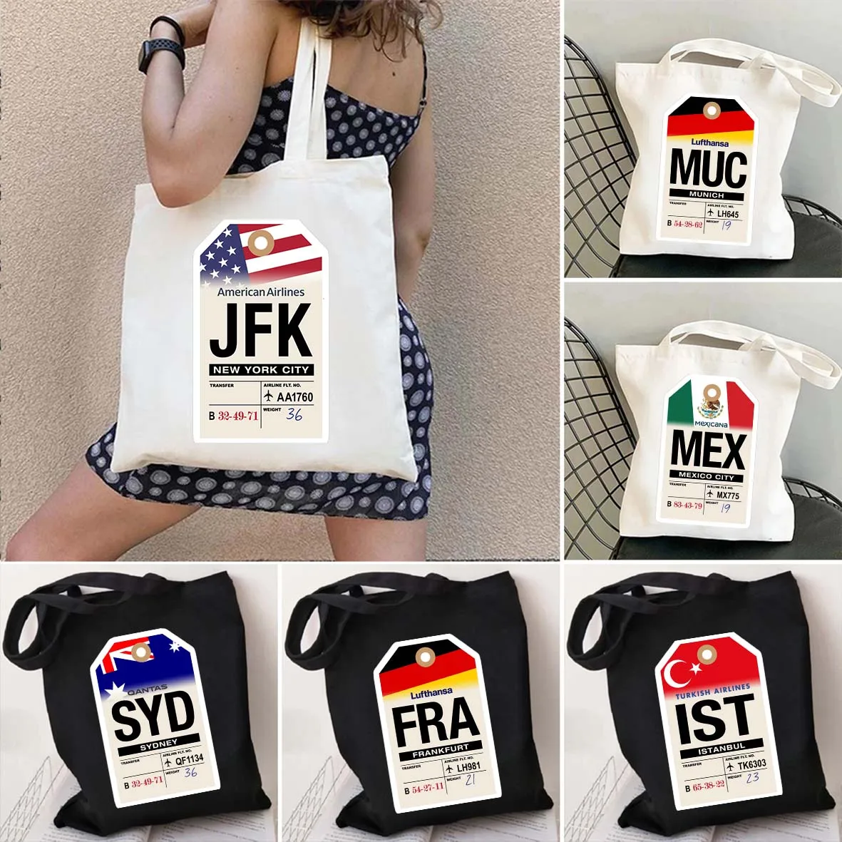 

Amsterdam Athens Bangkok Berlin Brussels Dubai Hong Kong Milan London New York Moscow Munich Airline Luggage Tag Canvas Tote Bag