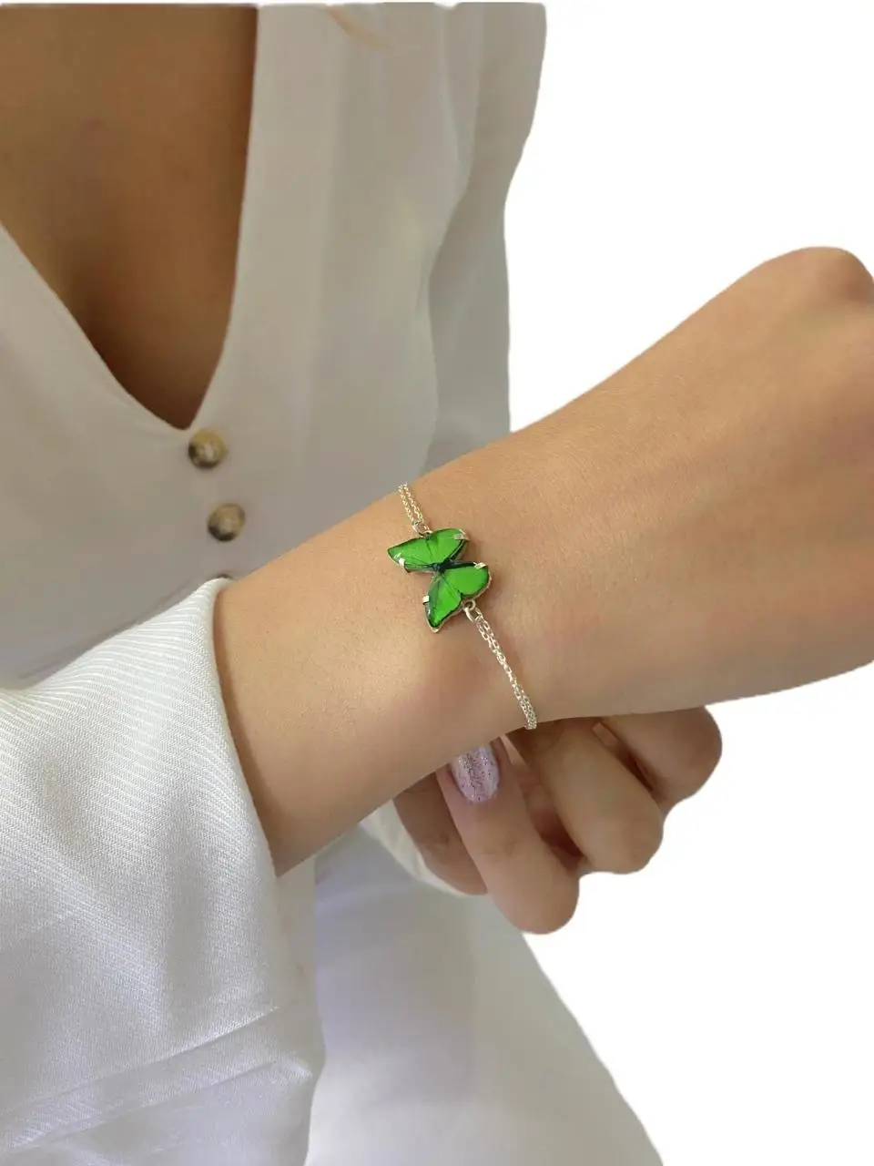 

Three-Dimensional Realistic Green Butterfly 925 Silver Bracelet