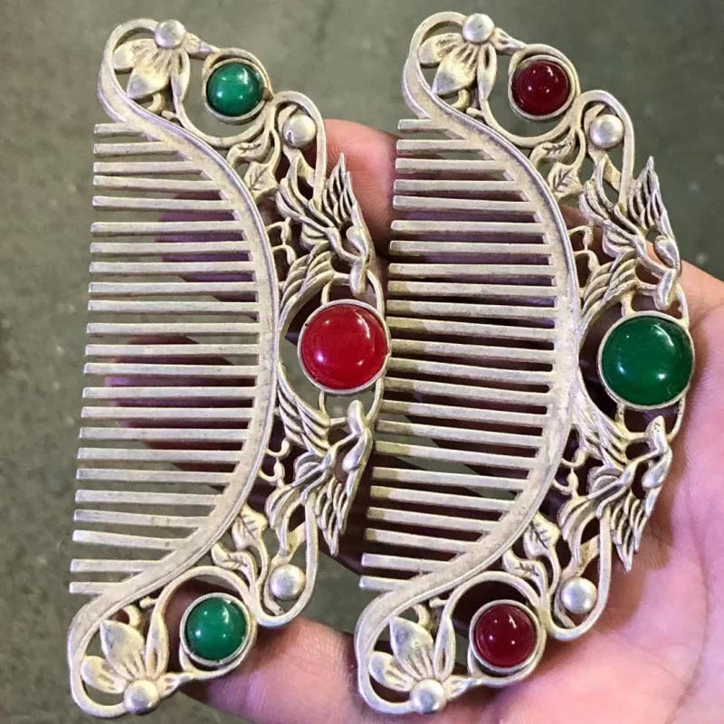 

Antique Miscellaneous Miao Silver Inlaid Gem Comb Vintage Comb Dressing Ornament White Copper Silver-Plated Comb