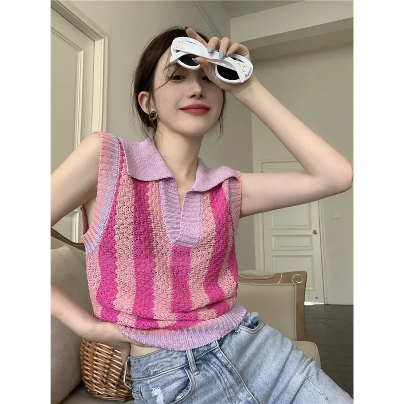 

women's cropped top polo-neck sleeveless thin striped knitted vest