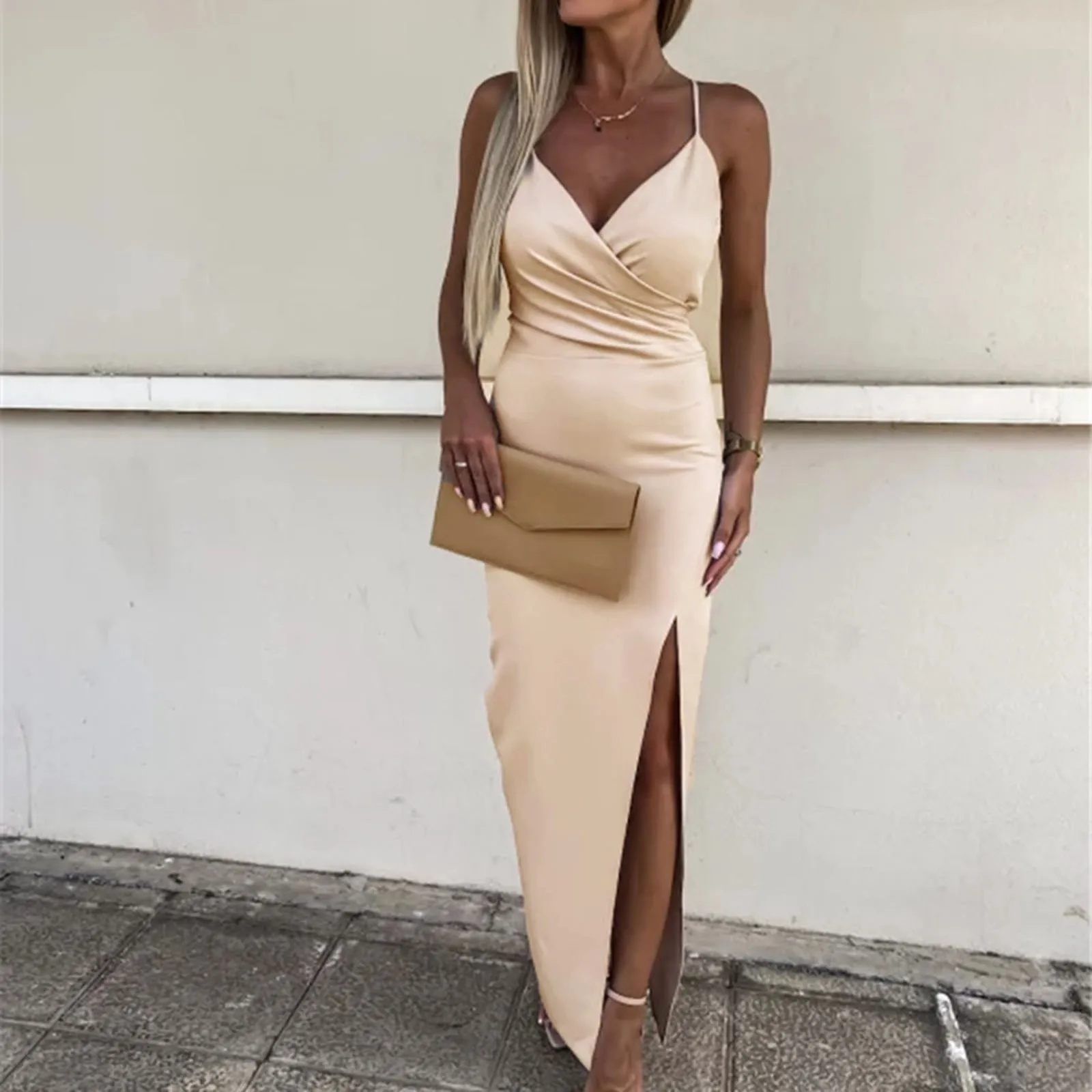 

Maxi Sundresses for Women Women Ruched V Neck Sleeveless Sexy Backless Slit Spaghetti Strap Wrap Cami Blue Women Dress Heels