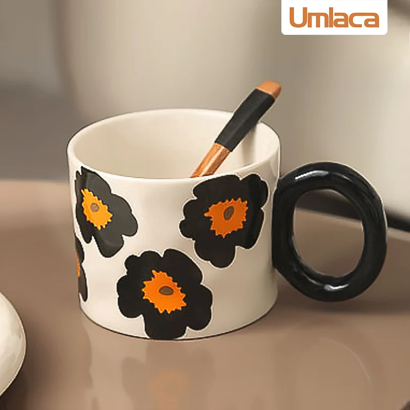 

Ceramic Flower Cup Modern Ins Style Breakfast Creative Water Mug Coffee Cup Porcelain Bloom Big Ring Handle Mug Decoration Gift