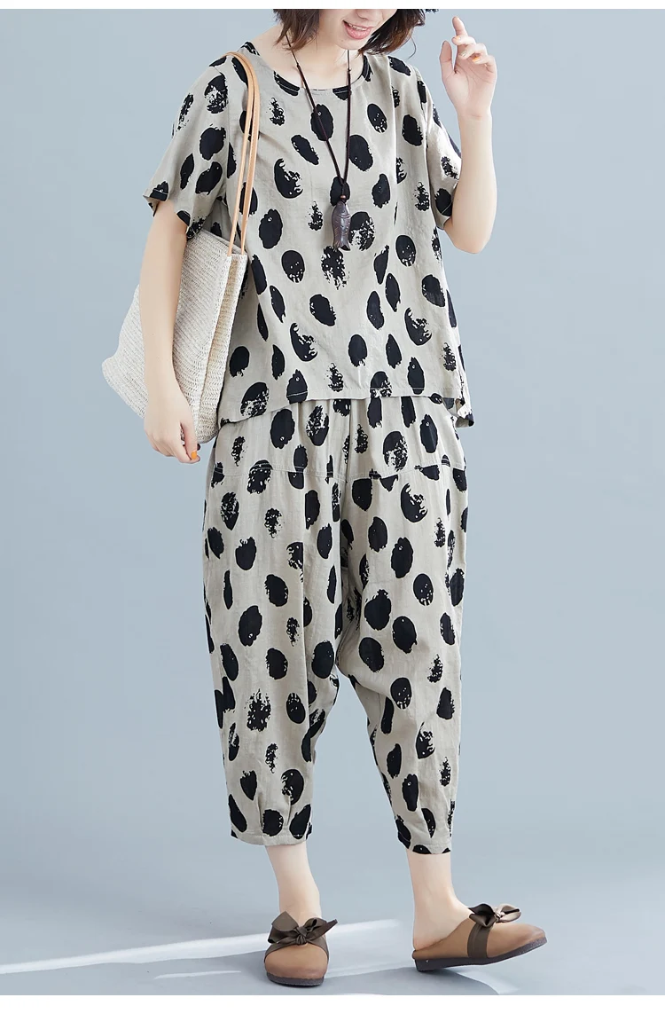 

Summer Oversized Women's Casual Retro Short Sleeve Round Neck T-shirt Ankle-length Pants Harem Pants Polka Dot Two-piece Set