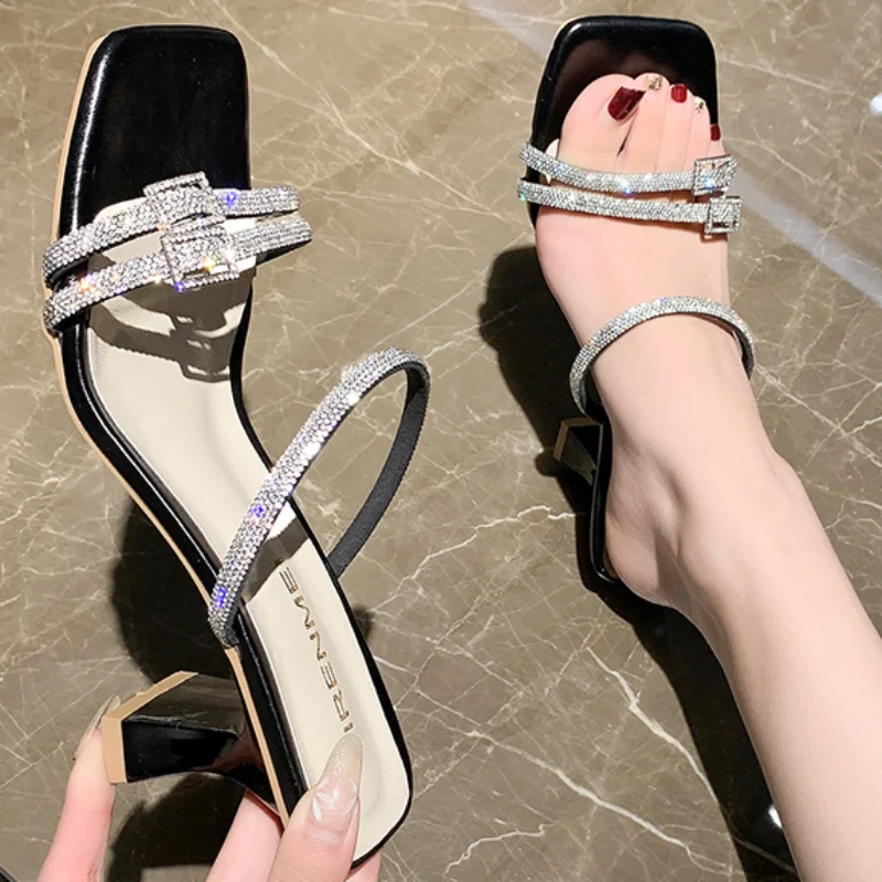 

2023 Summer Beach Women Slippers Fashion Flats Slip on Square Toe Slides Woman Outdoor Casual Open Toed Stiletto Shoes Zapatos