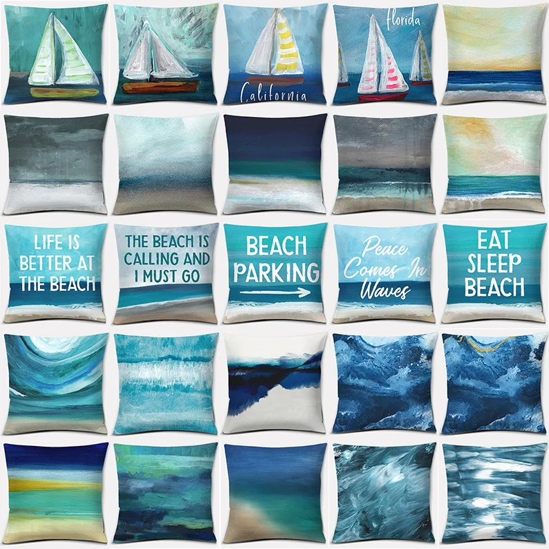 

Oil Painting Beach Series Pillow Gift Home Office Decoration Pillow Bedroom Sofa Car Cushion Cover Pillowcase 40x40cm
