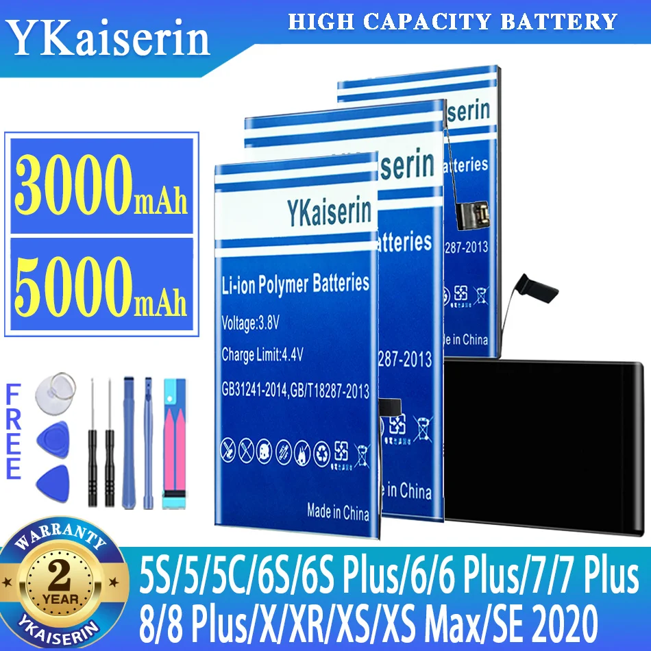 

YKaiserin Battery For iPhone 5S 5 5C (6S 6 7 8) Plus X XR XS Max SE 2020 SE2020 6SPlus 6Plus 7Plus 8Plus batteria + Free Tools