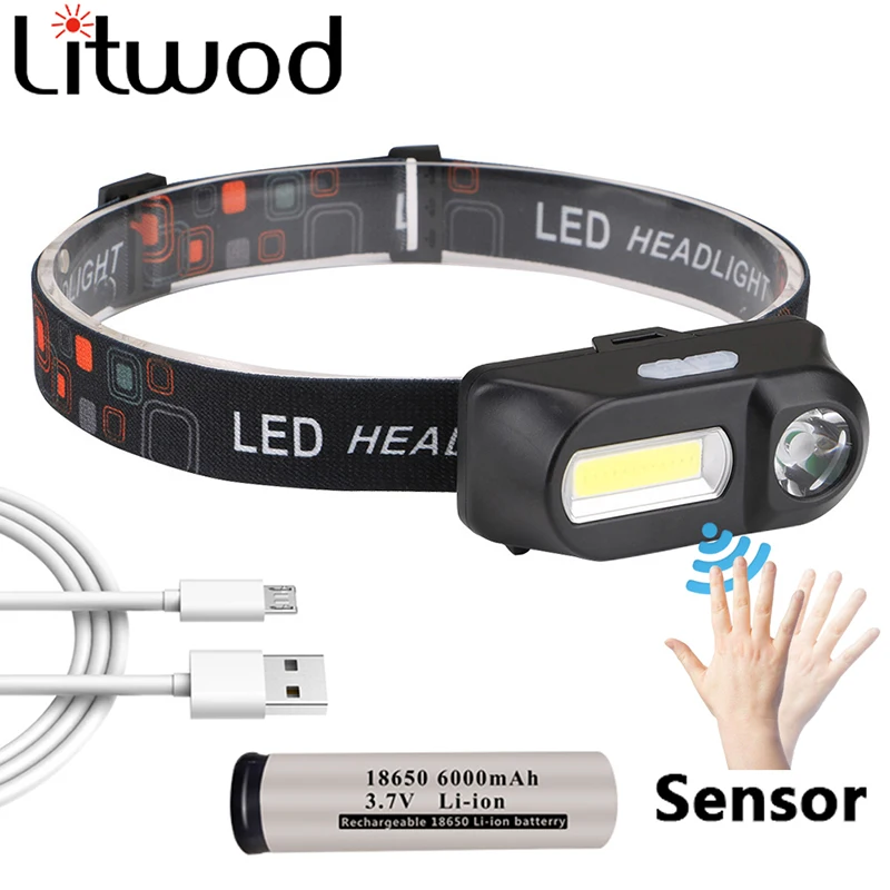 

18650 Rechargeable Battery Headlamp Sensor XP-G Q5 LED By 2 Light COB Head Light Lamp Lithium Ion 10w Torch Light For Fishing
