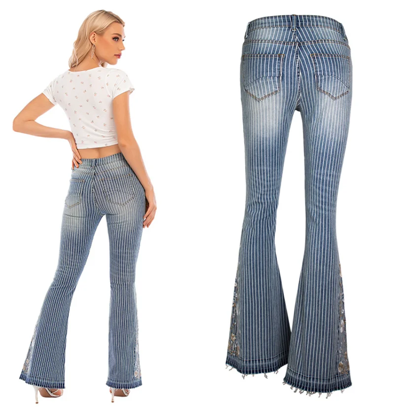 Flared Jeans Women Heavy Industry Embroidery Women's Jeans Trousers Striped Flared Pants