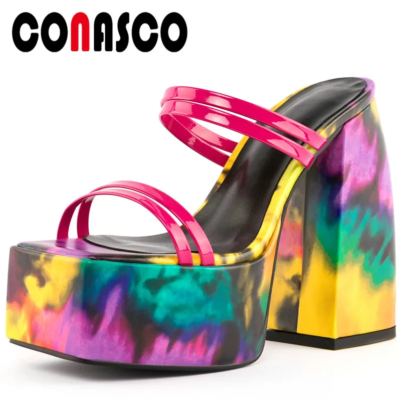 

CONASCO Women Sandals Print Narrow Band Thick Heels Slippers Fashion Sexy Platforms Wedding Night Club Party Pumps Shoes Woman