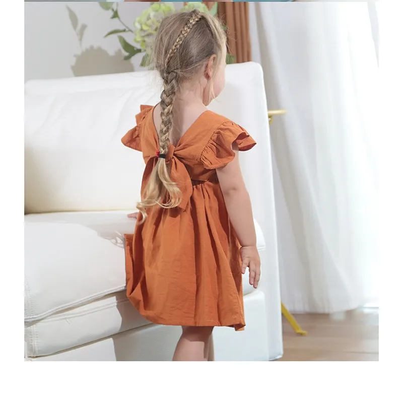 Summer New Girls Dress Cotton Linen Solid Color Children's Skirt Bow Princess Skirt Fluffy Skirt Baby Girl Dress