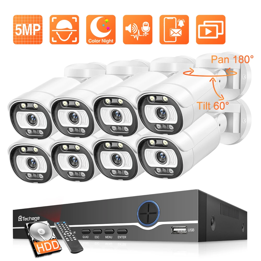 

Techage 8-канальная 5-мегапиксельная PTZ-камера с поддержкой PoE H.265 PoE NVR Kit Smart AI Цветное ночное видение Видеонаблюдение Обнаружение лица Двухсторо...