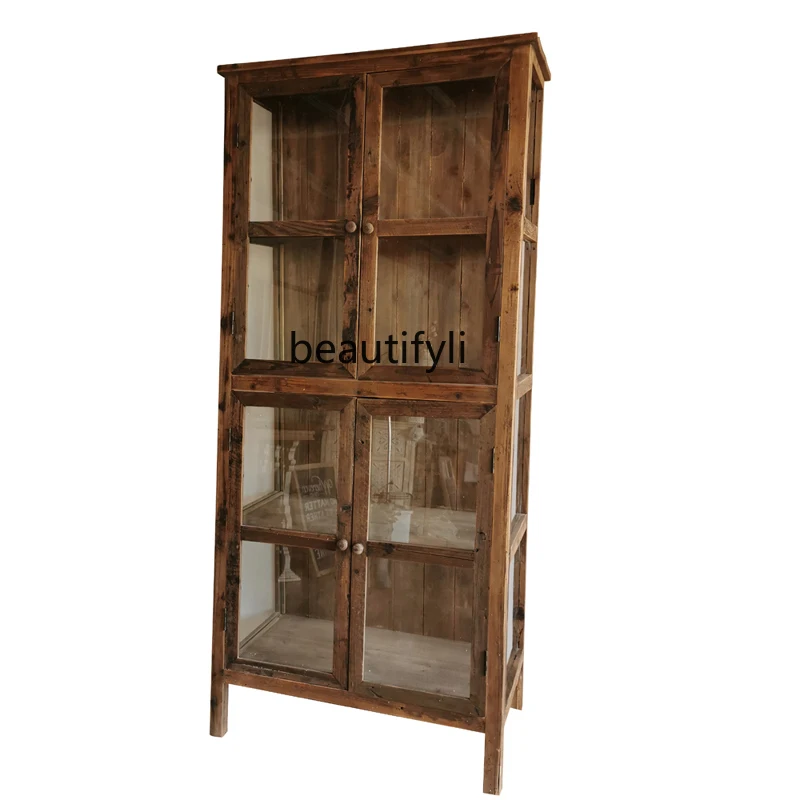 

zqAmerican Country Glass Cabinet Wood Color Book Cabinet Display Cabinet Sideboard Cabinet Wine Cabinet