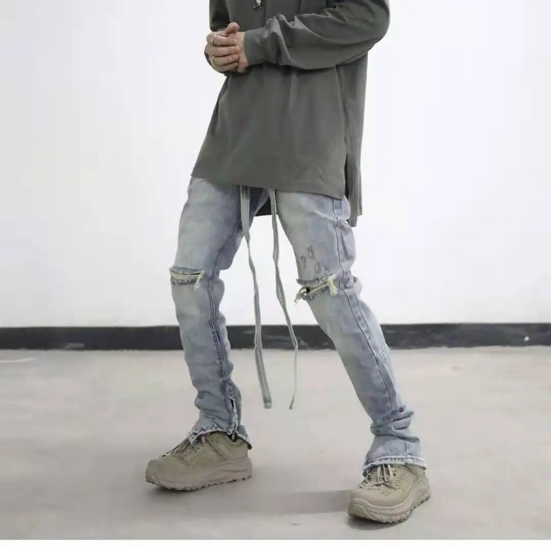 High Street Bieber with the same long streamer wash water to make old hole trousers zipper Korean fashion slim skinny jeans