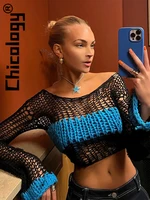 chicology knitted long sleeve patchwork bandage casual shirt crop tops sexy fashion streetwear vacation beach 2022 women clothes