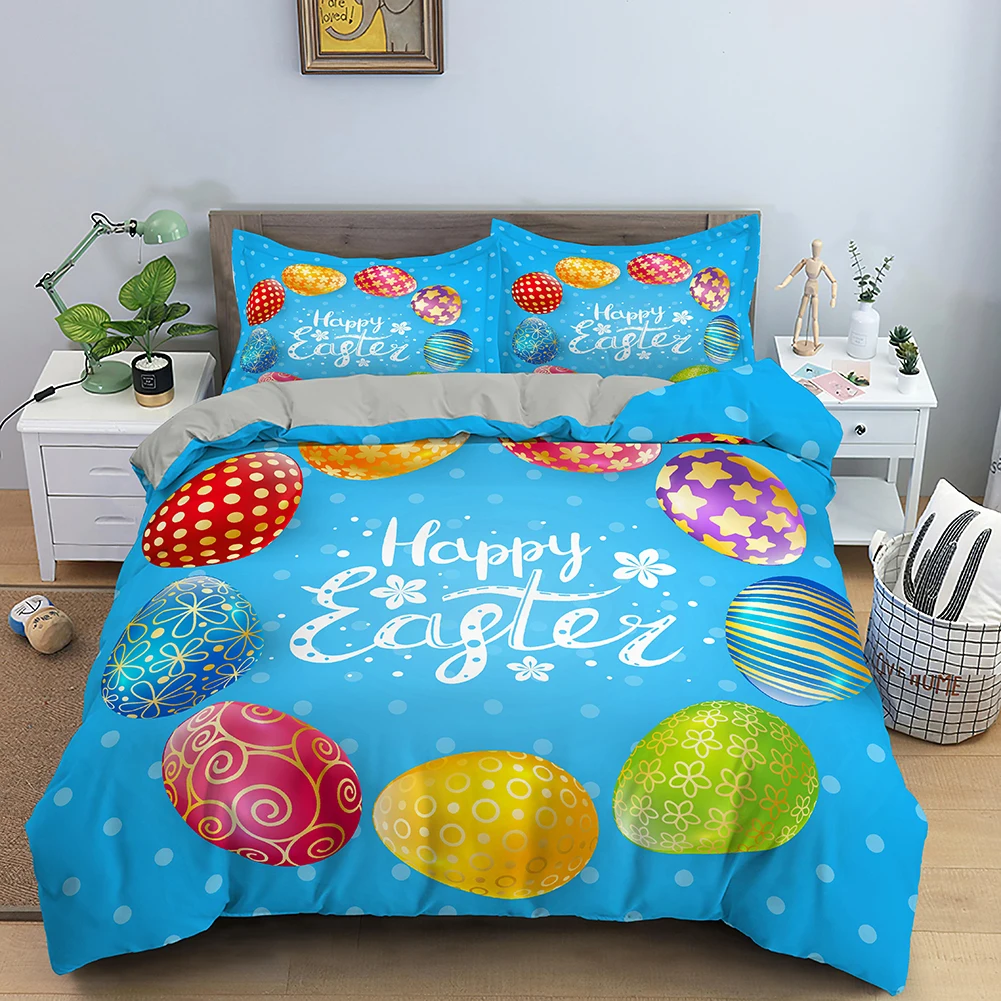 

Happy Easter Duvet Cover Bedding Set King Size Quilt Cover for Kids Teens Color Easter Rabbit Print Comforter Cover Easter Eggs