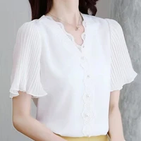 elegance pearl button solid color top 2022 women summer simple office short sleeve loose v neck patchwork chiffon pullover shirt