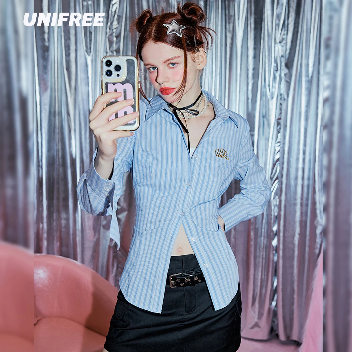 

UNIFREE Slim Stripes Woman Blouse Letter Embroidery Fashion Streetwear Casual Versatile Retro Shirts & Blouses Hotsweet Shirts