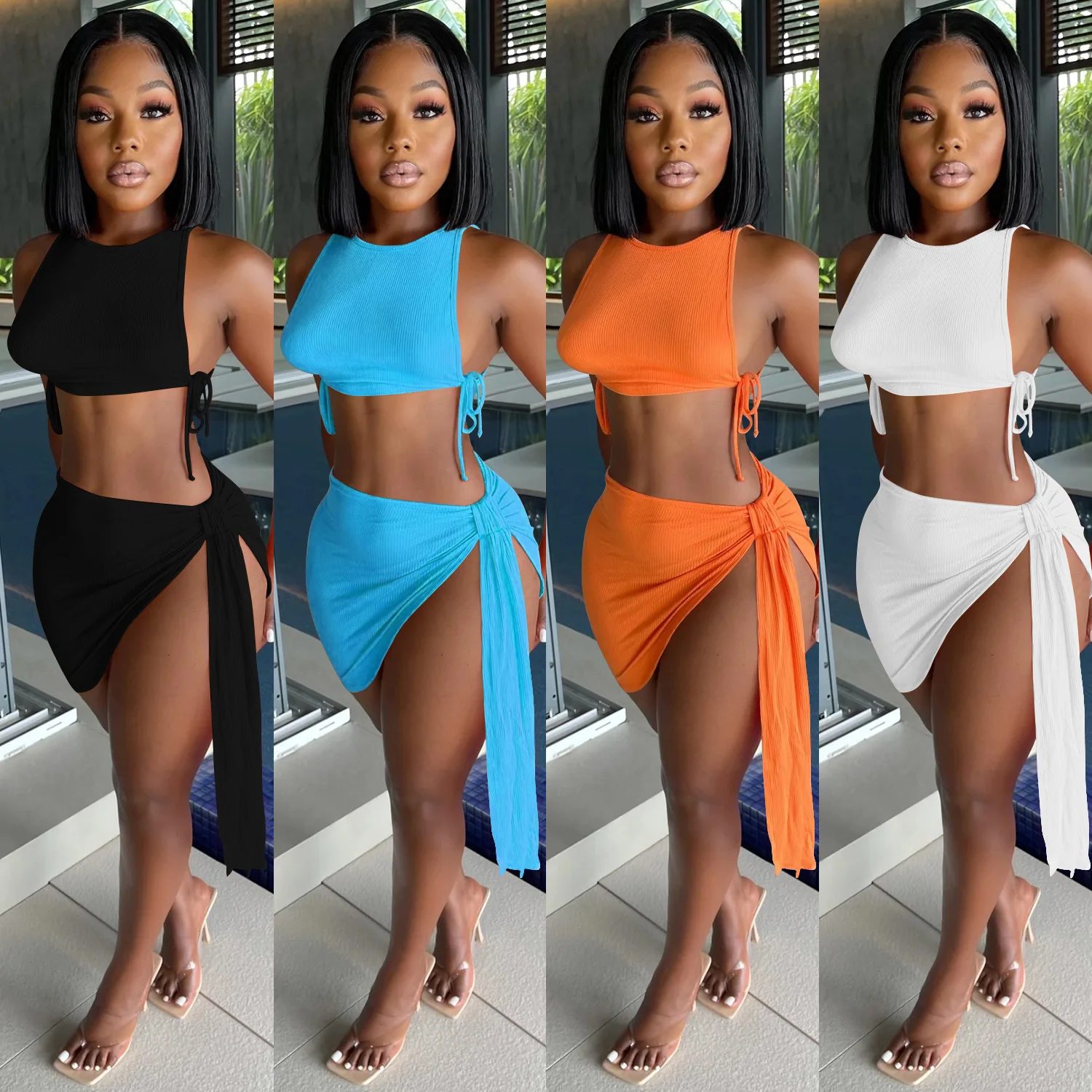 

New Women Summer 2 Pieces Outfits Solid Color Round Neck Sleeveless Tank Tops + Irregular Hem Side Bandage Skirt Suit Hot S-2XL