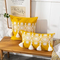 yellow tassel embroidered pillowcase nordic cotton crochet cushion covers geometric embroidery large hanging tassel decorative