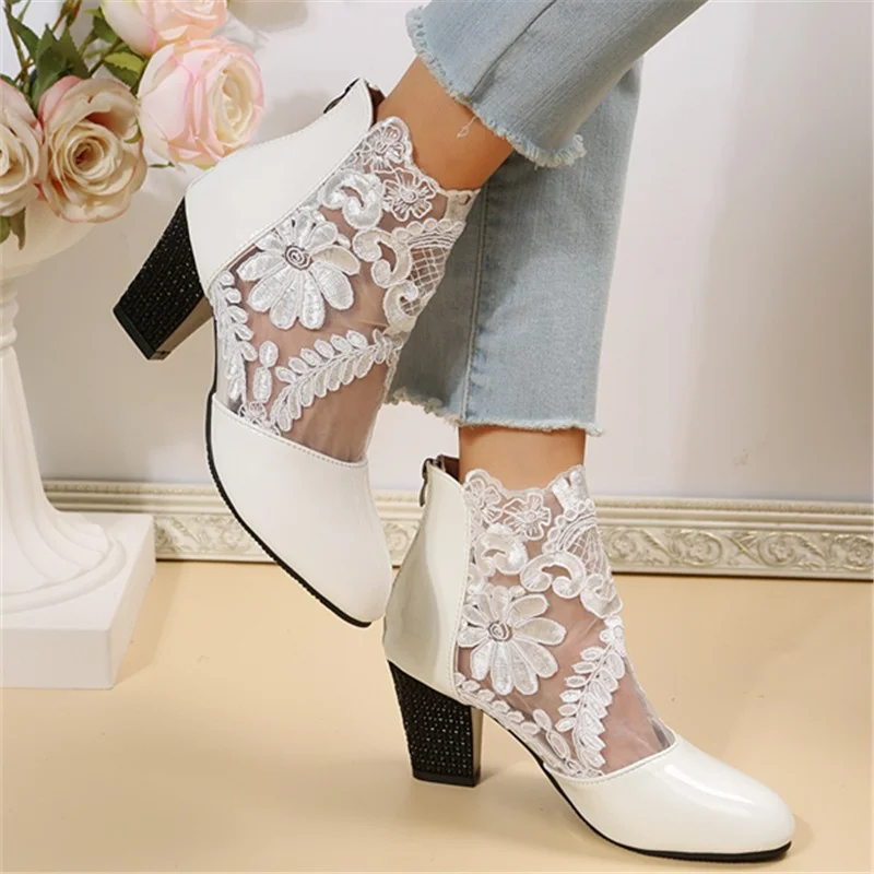 

Shoes for Women 2023 Solid Zipper Women's Boots Spring Casual Office Ladies Mid Heel Nude Boots Flowers Decorate Female Shoes