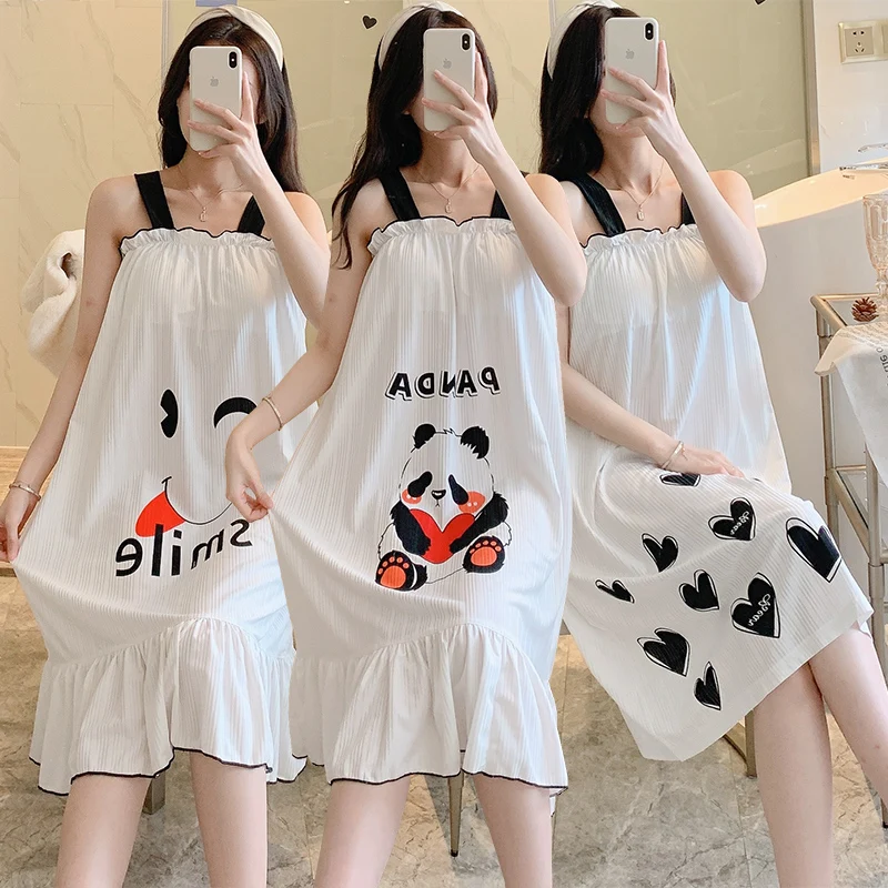 

2022 Summer Sexy Lingerie Spaghetti Strap Nightgowns for Women Korean Cute Cartoon Panda Sleepwear Nightdress Night Dress Nighty