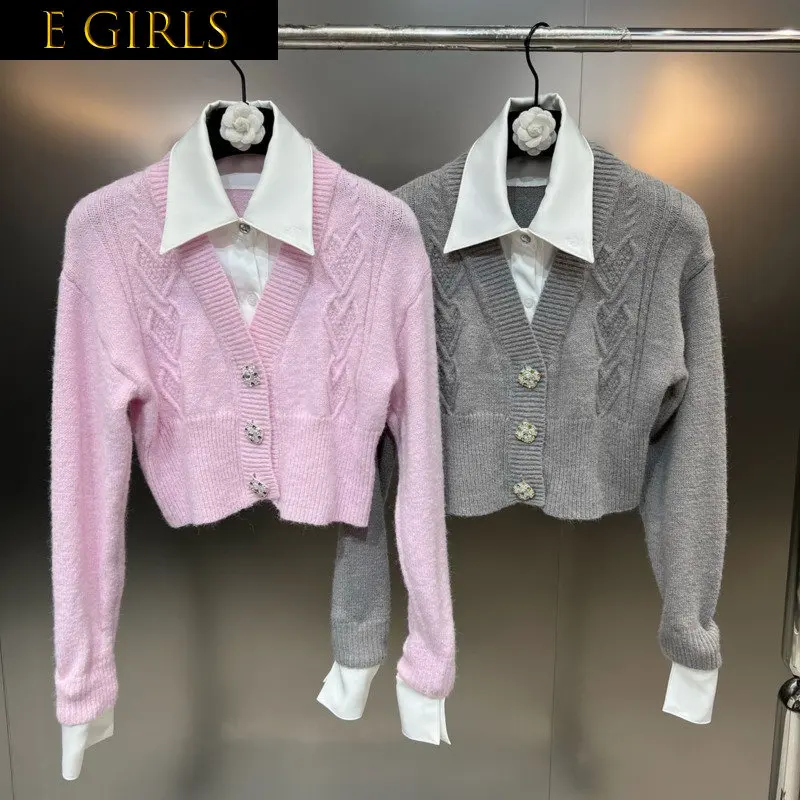 

E GIRLS Winter New Arrival Long Sleeve Turn Down Collar Rhinestone Buttons Fake Two Piece Knitted Cardigan Sweater Women GH115