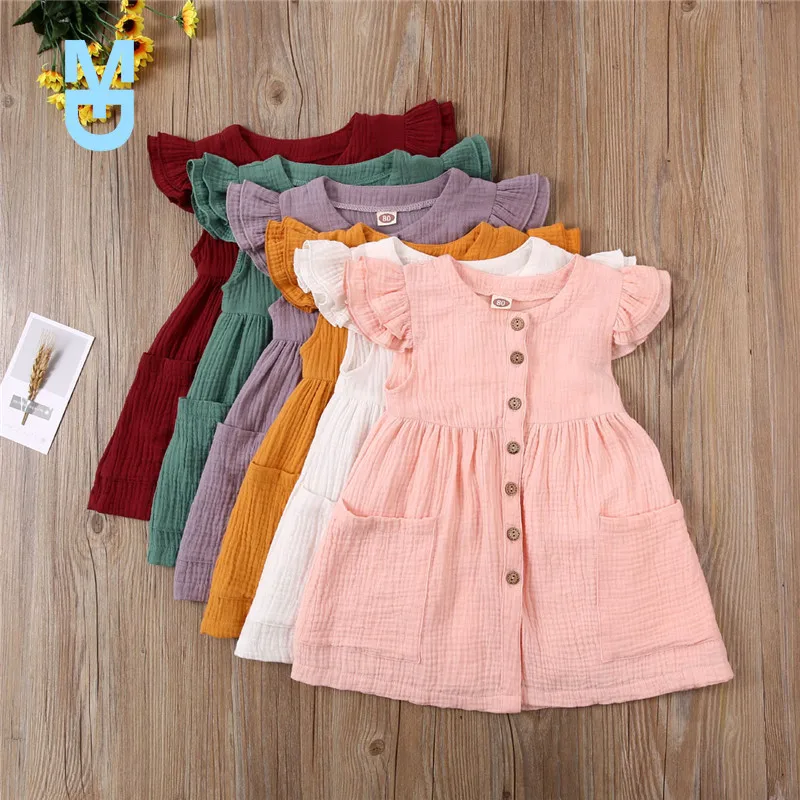 

New Toddler Kid Baby Girl Summer Dress Ruffles Sleeves Cotton Linen Party Children Girls Casual Button Pocket Dress Sundress