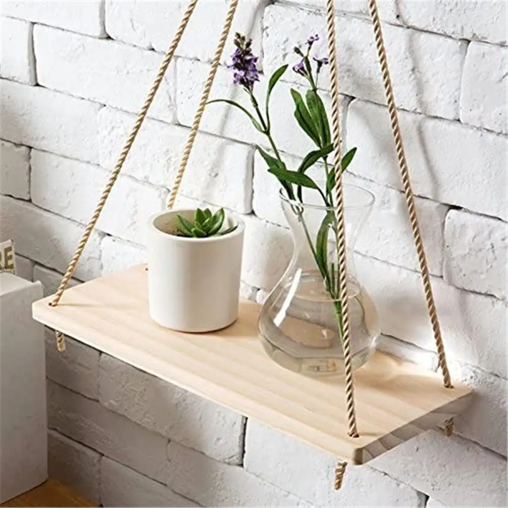 

Premium Wood Swing Hanging Rope Wall Mounted Floating Shelves Plant Flower Pot Indoor Outdoor Decoration Wall Hanging Ornament