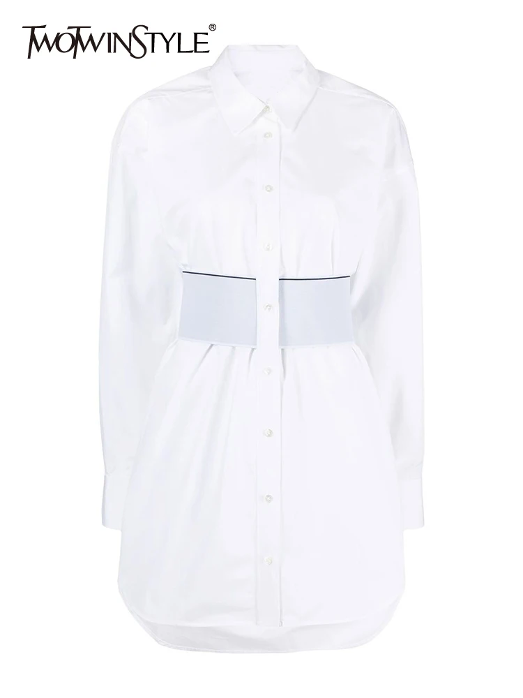 

Twotwin2 стильное белое мини-платье для женщин с отворотом, длинным рукавом, высокой талией, однотонные платья, женская весенняя одежда, модный ...