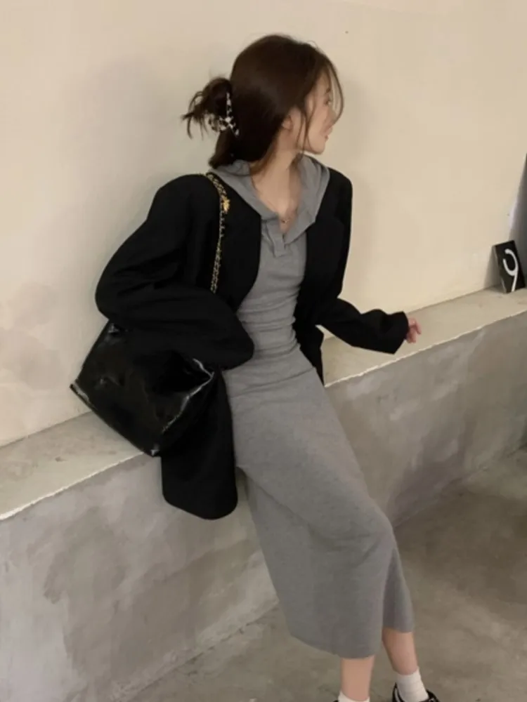 

Casual Hooded Slim Solid Dress Women High Split Long Sleeves Autumn Spring Basic Vestidos Simple Sexy Korean Fashion Clothing