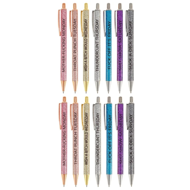 

2 Set/14 Pcs Funny Ballpoint Pens Novelty Daily Pen Set, Offensive Office Gifts, Weekday Vibes Glitter Pen Set