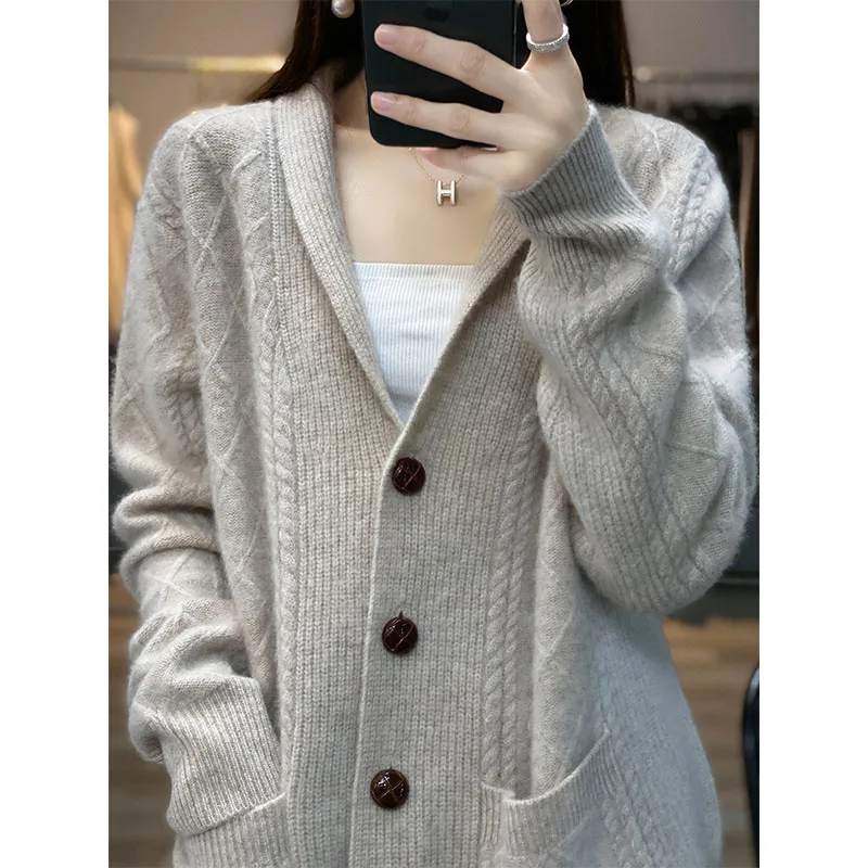 New 100% Wool Cardigan Women V-Neck Knitted Sweater 2022 Fall Winter Clothes Solid Color Casual High-End Jacket Tops Outwear