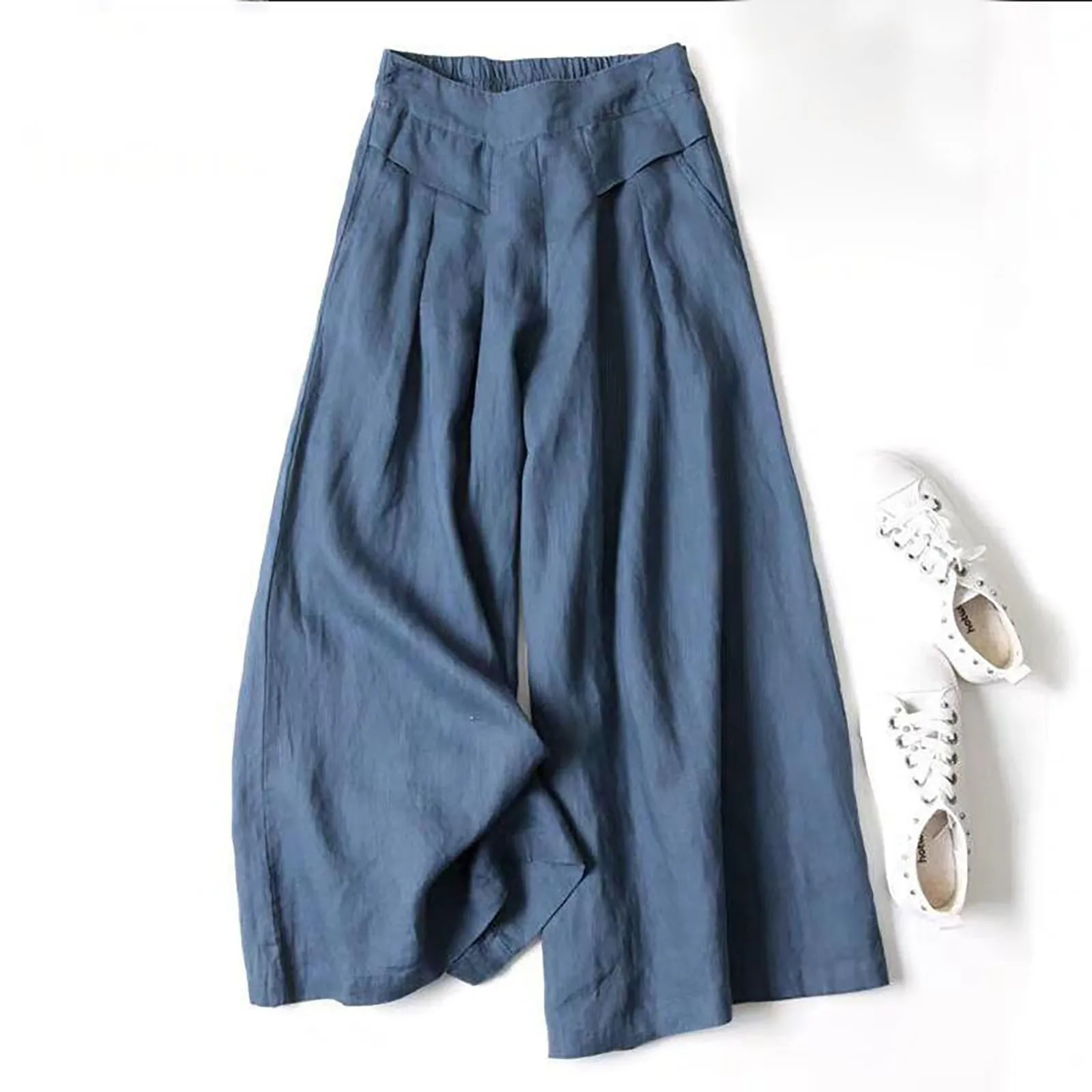 2023 Spring Summer Women's Cotton Linen Wide Leg Pants Loose Elastic High Waist Thin Ladies Skirt Pants Capris Flared Trousers