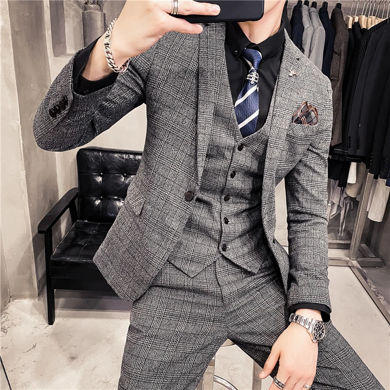 

6XL 7XL (Blazer+Pants+Vest) Luxury Men Suit 3 Piece Set Fashion Boutique Lattice Groom Wedding Jacket Men Tuxedo Men Formal Suit