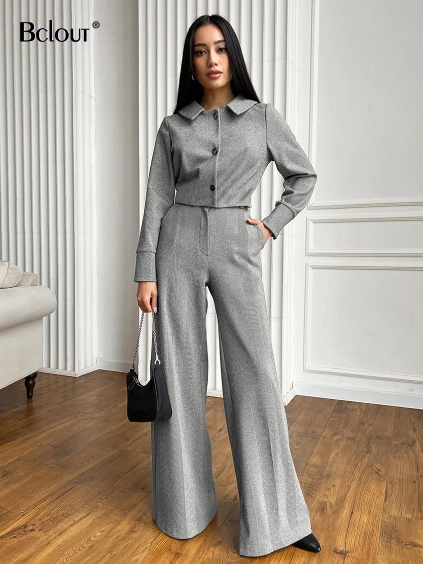 

Bclout Autumn Woolen Gray Pants Sets 2 Pieces Women Elegant Office Lady Long Sleeve Slim Tops Fashion Wide Leg Long Pants Suits