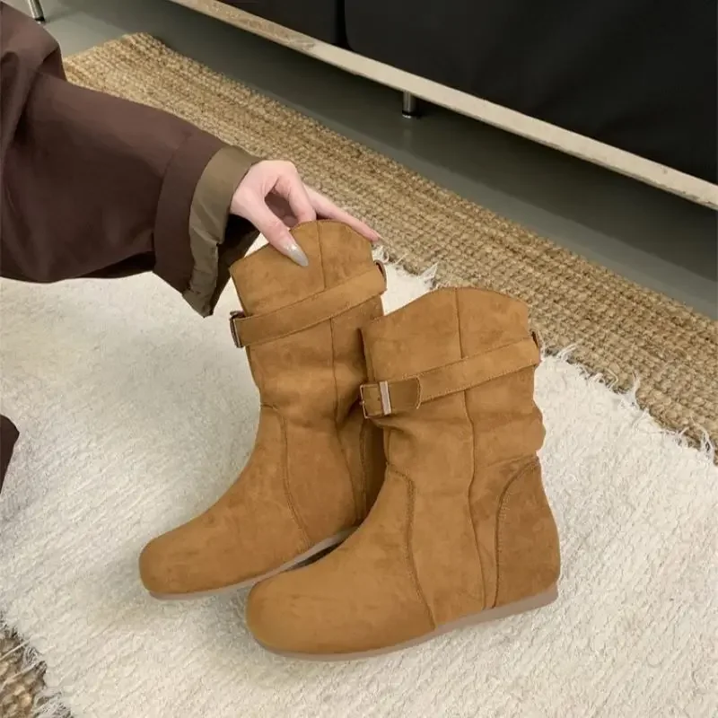 2024 зимние модные женские короткие ботинки замшевые ботильоны в стиле ретро с