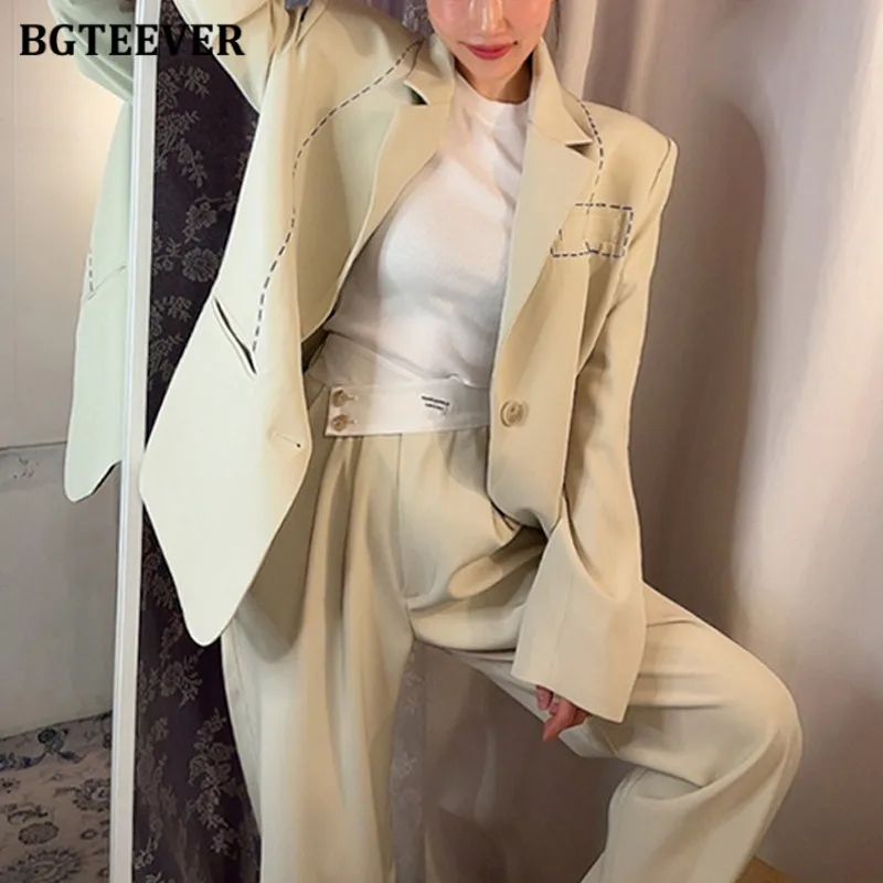 

BGTEEVER Spring Fashion Loose Women Trouser Suits Long Sleeve Single-breasted Blazer & High Waist Long Pants Ladies 2 Pieces Set