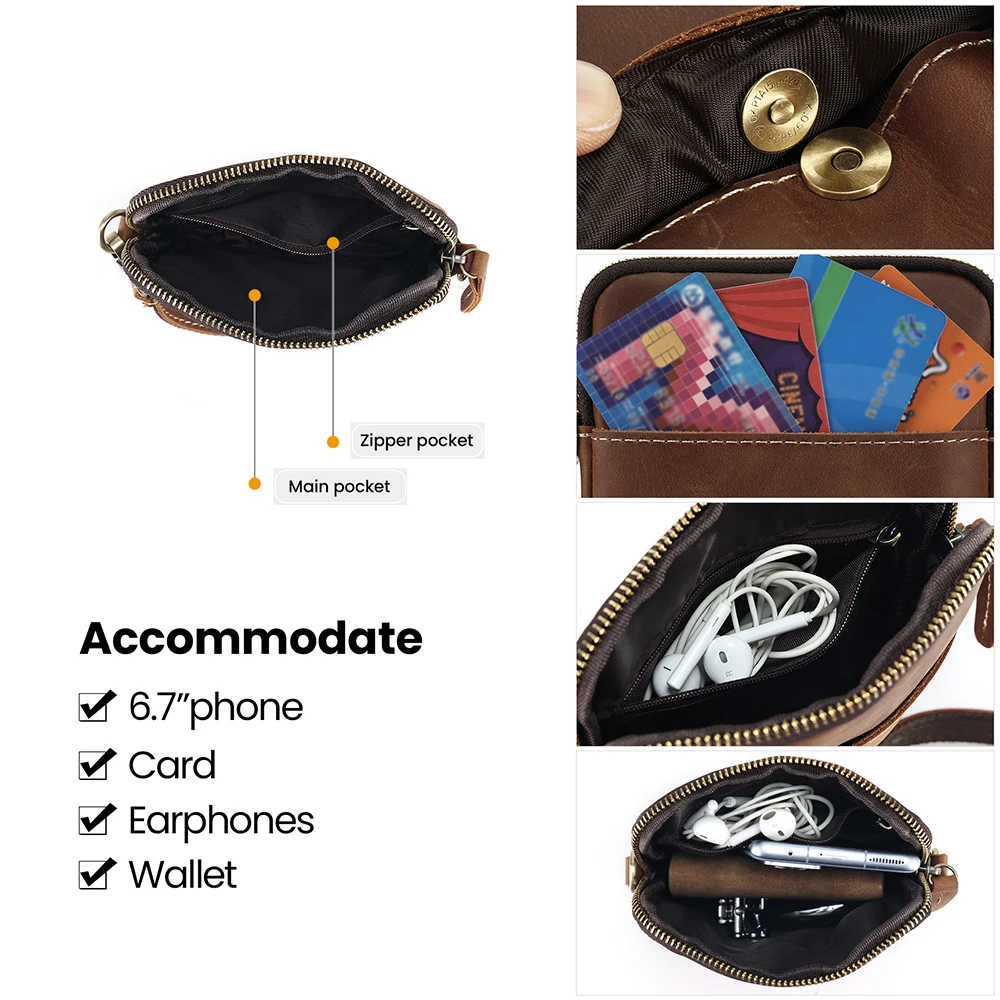 2023 Men's Small Bag Retro Crazy Horse Leather Male Crossbody Shoulder Bag Outdoor Popular Zipper Sling Bag for iPhone14 Pro Max