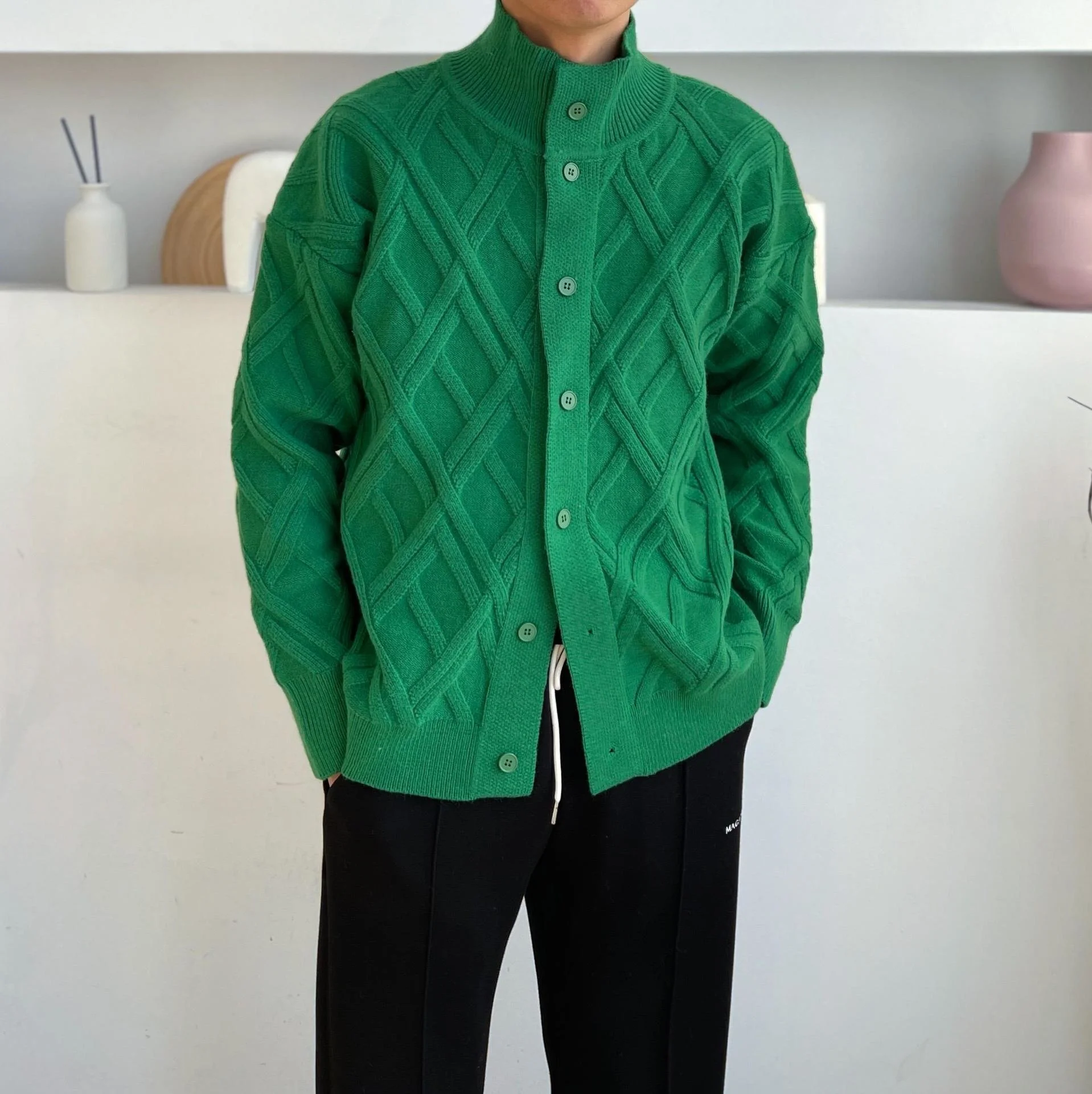 

High quality South Korea's Korean Lingge Woven Little Popular Premium Cardigan Thickened Knit Half High Collar Green Sweater Mal