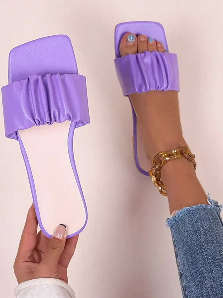 

Summer Women Pleated Sandals Outdoor Square Heel Flip Flops Slides Slippers Female Casual Soft Flat Sandals Plus Size 42