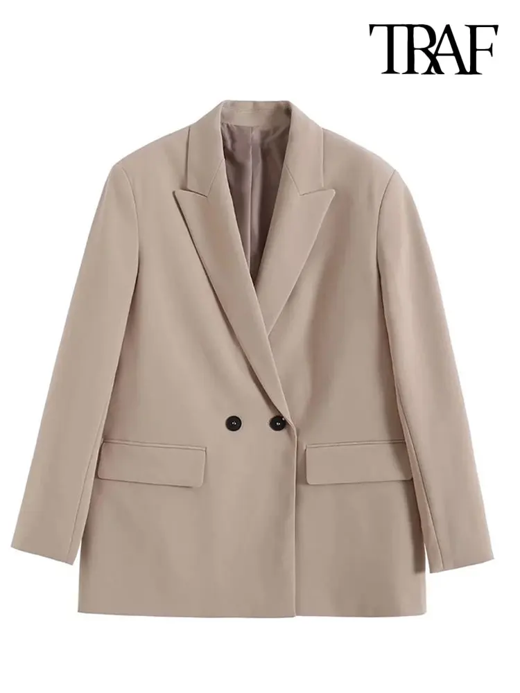 TRAF Women Fashion Double Breasted Loose Fitting Blazer Coat Vintage Long Sleeve Pockets Female Outerwear Chic Veste Femme