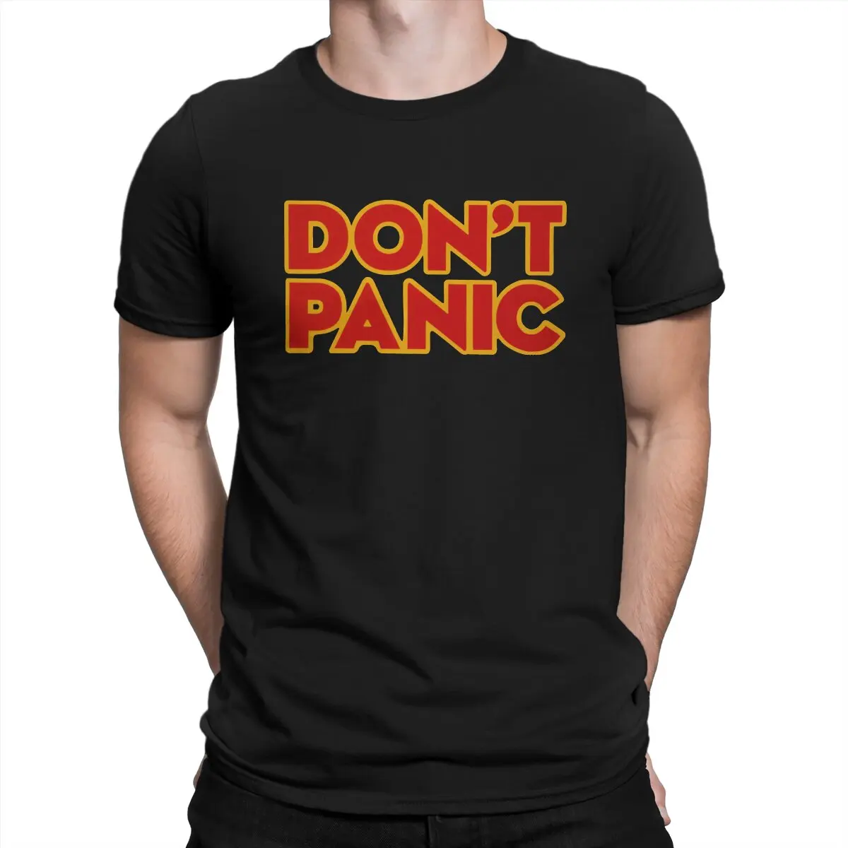 

Vintage Don't Panic Retro T-Shirt for Men O Neck 100% Cotton T Shirt The Hitchhikers Guide To The Galaxy Film Short Sleeve
