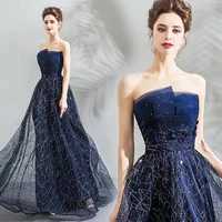 new navy blue evening dresses fashion a line strapless sleeveless sequined embroidery tulle prom party gowns long robe de soiree
