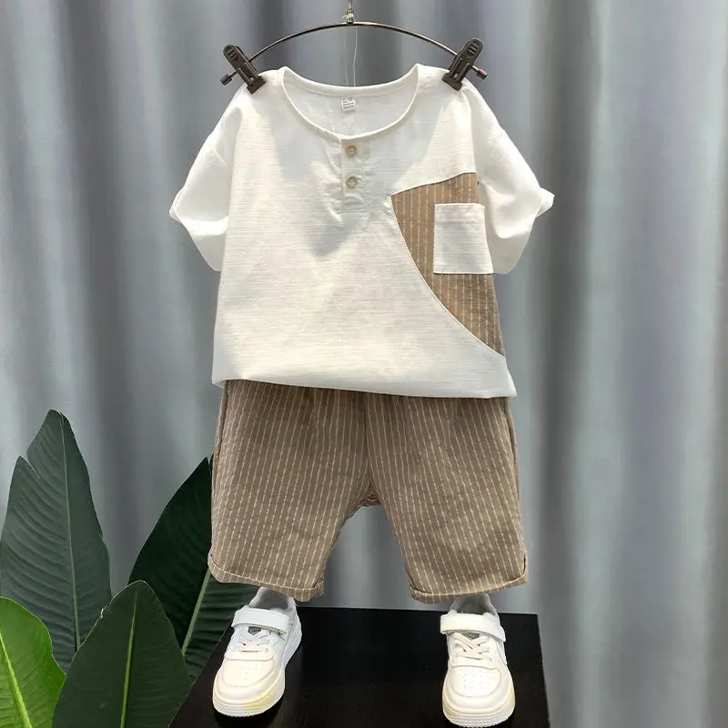 Boy's Cool Handsome Summer Wear Suit 2022 New Baby Fried Street Striped Clothes Children's Handsome Children's Clothing